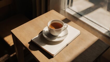 A sunlit scene featuring a cup of tea on a book, atop a wooden table near a window