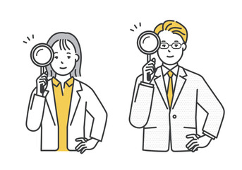 虫眼鏡を持つビジネスパーソンのイラスト素材