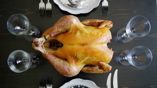 Rotating roasted turkey on elegant table setting with glassware and plates
