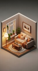 A cozy and well-lit living room corner featuring a comfortable sofa, a wooden coffee table, indoor plants, and warm lighting creating a welcoming atmosphere