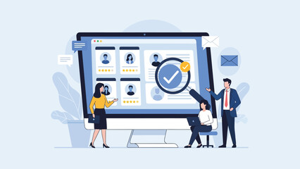 Online Recruitment and Candidate Selection Process Vector Illustration. Human Resources Team Reviewing Resumes on Computer Screen for Hiring