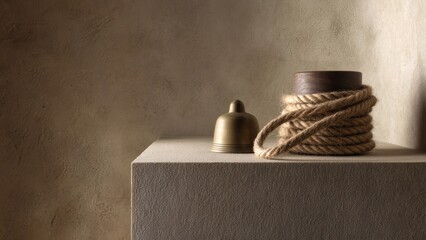 Bell and coiled rope arranged on neutral block surface
