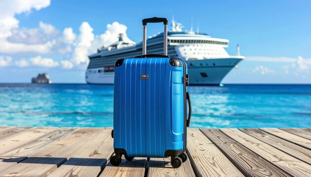 A majestic blue cruise ship travels the ocean horizon near a summer coast, offering a grand view for travel and vacation