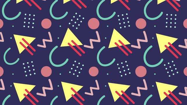 Seamless memphis pattern loop animation. Seamless bold 90s memphis pattern, ideal for vibrant retro designs and backgrounds with a geometric style. Perfect for web graphics.