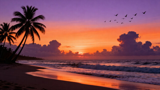 Palm trees and birds at sunset - Powered by Adobe