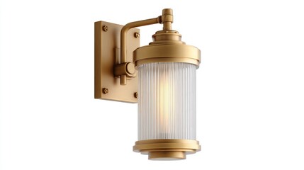 A wall-mounted fixture features a cylindrical, ribbed glass shade, encased in a metallic frame. Its warm bulb glows from within