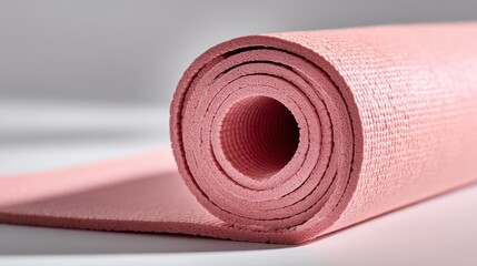 Close-up captures a partially unrolled, pink, textured mat against a pale background. The cylindrical center is visible. Shadow adds depth