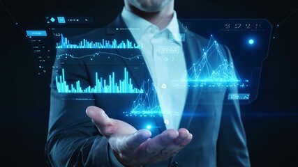 Businessman analyzing holographic financial data with futuristic virtual interface technology - Powered by Adobe