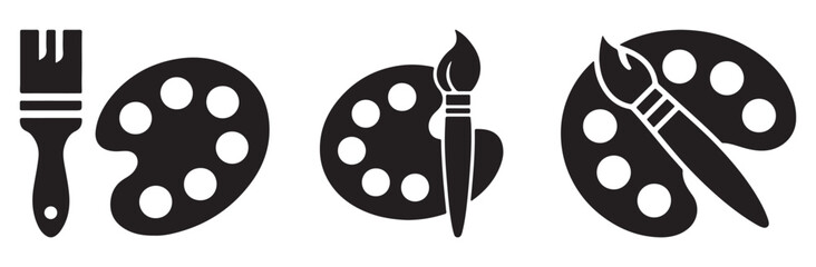 Black and white illustration of art supplies, including a paintbrush and a palette, for creative activities.