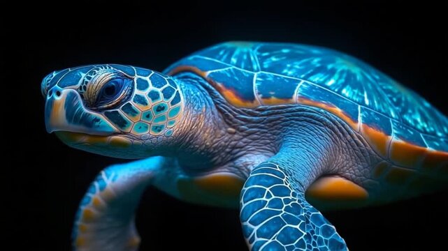 Close-up of a vibrantly colored sea turtle, showcasing its intricate shell patterns against a dark backdrop.