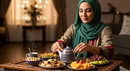A woman wearing a hijab enjoys a traditional tea setting with assorted snacks and fruits in a cozy indoor environment