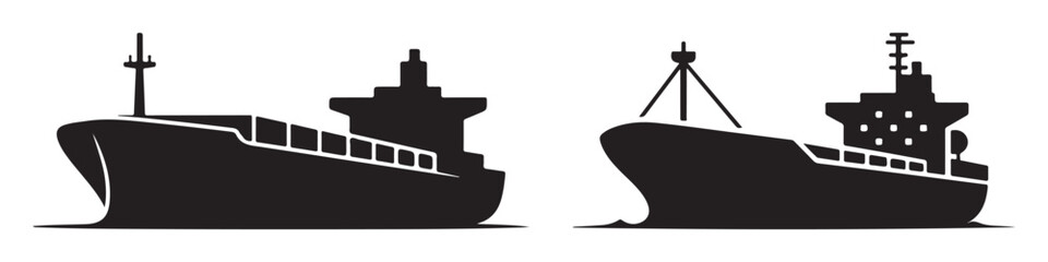 Two black silhouette cargo ships are depicted side-by-side against a white background.