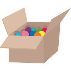 Open Cardboard Box Filled With Colorful Spheres On A White Background