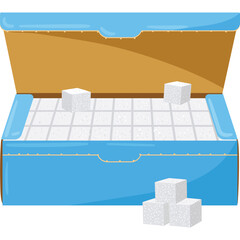 Open Light Blue Cardboard Box Filled With White Sugar Cubes Against A White Background With A Few Loose Cubes In Front