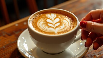 cup coffee wooden table cup white has saucer underneath coffee latte art which type coffee intricate swirls patterns shape heart hand red manicure holding cup ready take sip coffee background blurred