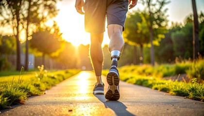 Man with prosthetic leg walks on a sunlit path amidst greenery, facing away from viewer