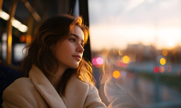 a young woman sitting on a bus during sunset