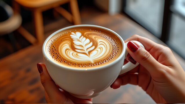 hand holding white coffee cup latte art design cup sitting wooden table blurred background hand wearing beige sweater has red nail polish coffee dark brown color latte light brown color design cup - Powered by Adobe