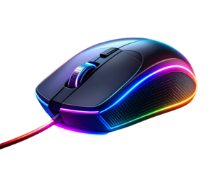 Minimalist RGB Gaming Mouse Silhouette with Neon Light Stripes, Flat PNG