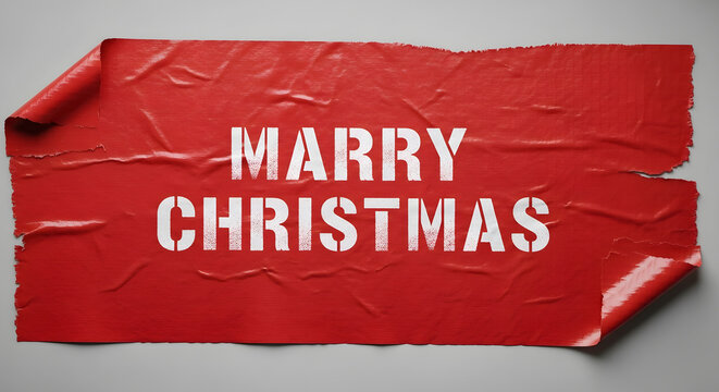 Wrinkled red paper displaying marry christmas in white stenciled letters - Powered by Adobe