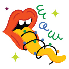 Open Mouth with Red Lips and Yellow Tongue Tied with Black String and Colorful Beads Sparkling Stars and Swirls on Transparent Background