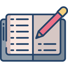 Open Notebook With Lined Pages and Pencil Illustration Detailed Flat Design With Blue Border and Pink Pencil on Transparent Background