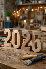 Carved wooden numbers 2026 on workbench with tools and bokeh lights