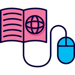 Open Pink Book With Globe Icon Connected To Blue Computer Mouse On Transparent Background Simple Flat Design Illustration
