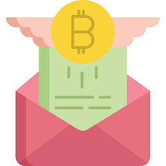 Open pink envelope revealing a light green document with bitcoin coin symbol on top in soft pink clouds background flat design illustration