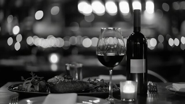 A well-set table with a bottle of wine, glassware, and food in an intimate setting.