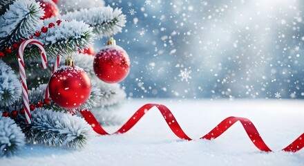 Festive snowy christmas tree with red ornaments and candy canes with falling snow