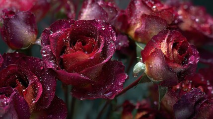 Fresh red roses with glistening water droplets on petals, romantic valentine’s day floral arrangement, love and romance concept for greeting cards and festive decorations