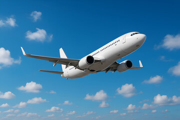 Commercial passenger aircraft soaring through a bright blue sky with clouds