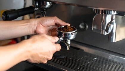 Hands tamping brown coffee grounds into a silver portafilter, part of a stainless steel espresso machine
