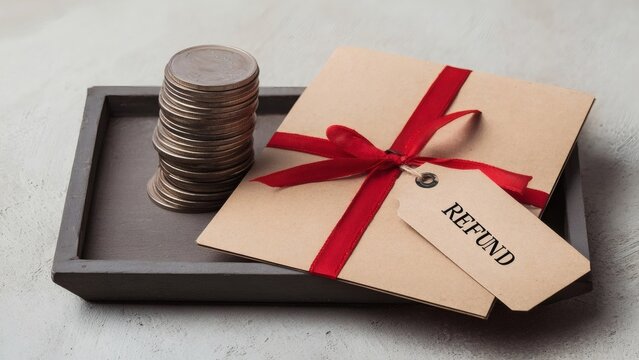 Coins and refund envelope with red ribbon on tray setup - Powered by Adobe