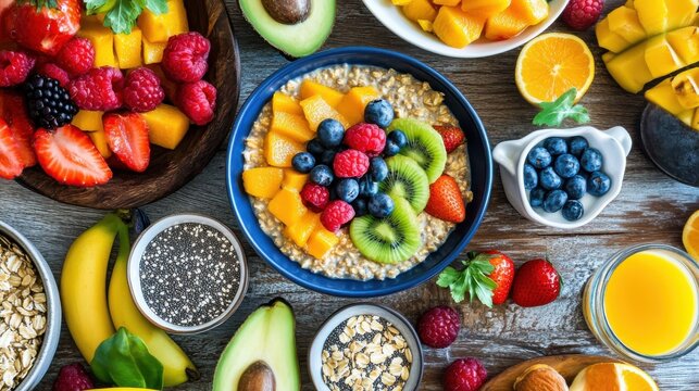 Assorted Fruits, Oatmeal, and Orange Juice on Wooden Surface