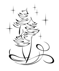 three stylized Christmas trees with a snow swirl on a starry background