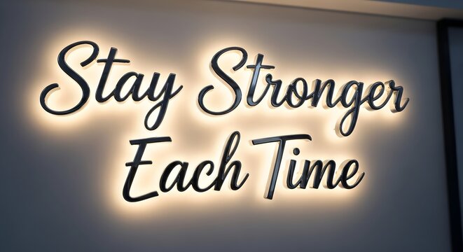 A motivational illuminated sign displaying the message 'Stay Stronger Each Time' in a modern indoor setting to inspire resilience and positivity