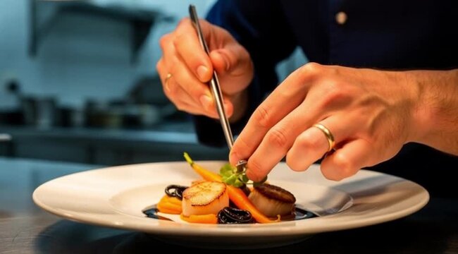 Chef plating gourmet dish with precision