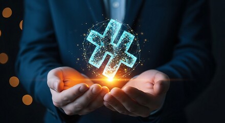 Businessman holding a glowing digital hashtag symbol in his hands, representing social media marketing and online communication.