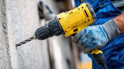 A construction worker is using a large, yellow hammer drill on a concrete wall. The focus is on the tip of the vibrating drill and the worker's hands wearing protective gloves. 