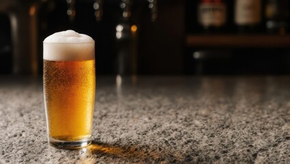 A glass of beer sits on a bar, with focus on the foam and golden liquid