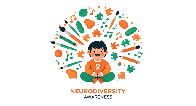 Celebrate neurodiversity with a happy child surrounded by art supplies and puzzle pieces, promoting inclusion and awareness in a creative and vibrant design
