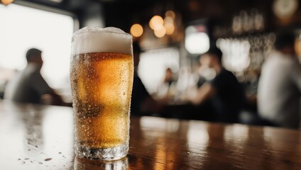 Frothy beer glass on a wooden bar, blurred people in the background, warm lighting