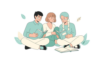 Three friends enjoying a book club meeting together, sharing insights and learning in a cozy, inviting setting with a calm and happy atmosphere