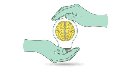 Protect your ideas and nurture innovation with care, hands safeguarding a brain inside a lightbulb, symbolizing intellectual property and creative thought
