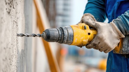 A construction worker is using a large, yellow hammer drill on a concrete wall. The focus is on the tip of the vibrating drill and the worker's hands wearing protective gloves. 