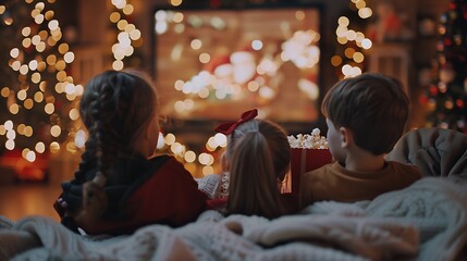 Children watching tv at christmas with popcorn in a cozy festive decorated living room setting