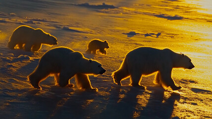 Polar bears crossing a frozen tundra in golden hour sunlight 32k, full ultra hd, high resolution
