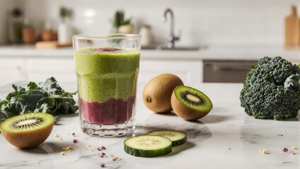 Colorful layered smoothie with fruits and vegetables on a kitchen counter